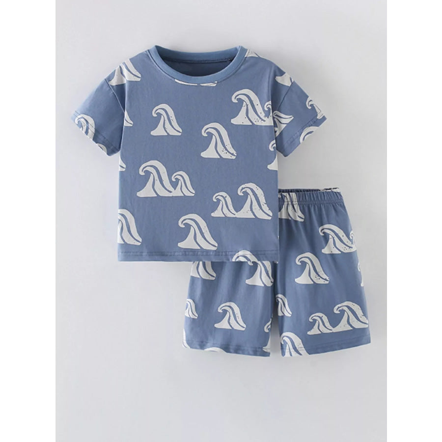 Children’s Ocean Wave Print Tee and Shorts Set Dusty Blue / 6Y Apparel and Accessories