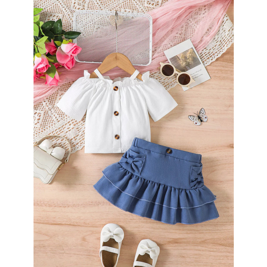Children’s Off-Shoulder Top and Ruffled Denim Skirt Set Apparel and Accessories