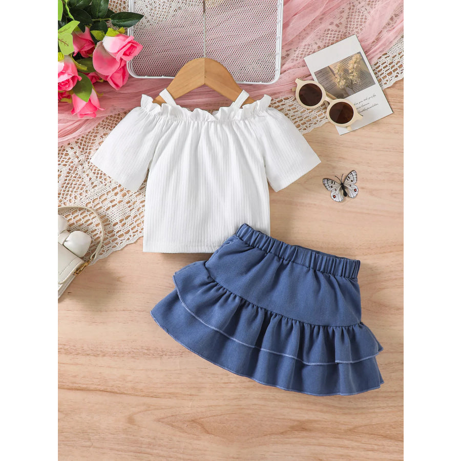 Children’s Off-Shoulder Top and Ruffled Denim Skirt Set Apparel and Accessories