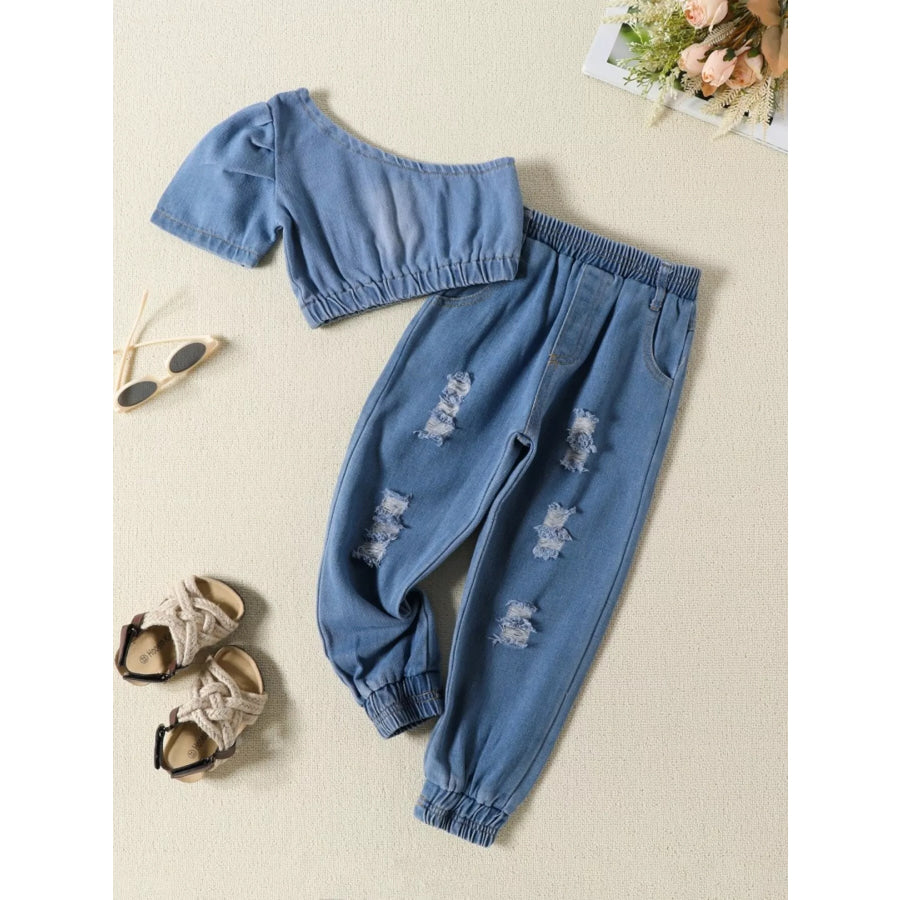 Children’s One Shoulder Top and Distressed Jeans Set Blue / 2T Apparel and Accessories