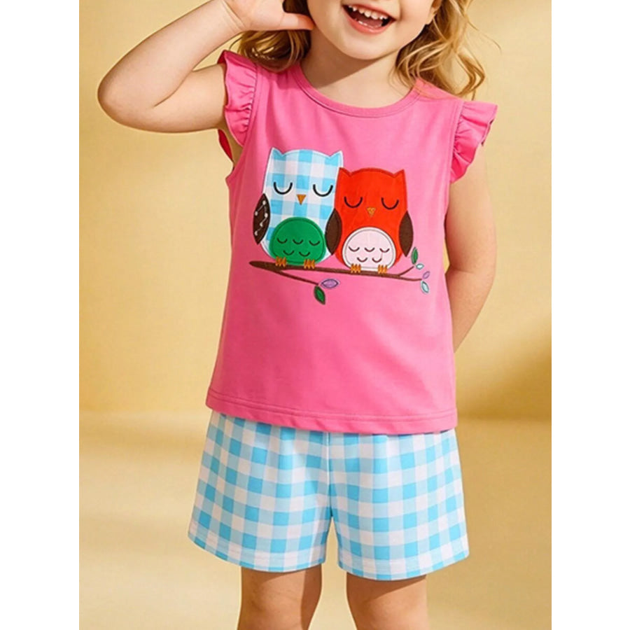Children’s Owl Graphic Top and Plaid Shorts Set Hot Pink / 2Y Apparel and Accessories