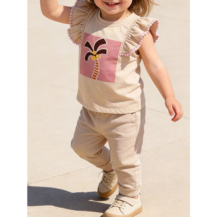 Children’s Palm Tree Graphic Ruffle Sleeve T-Shirt Eggshell / 4T Apparel and Accessories