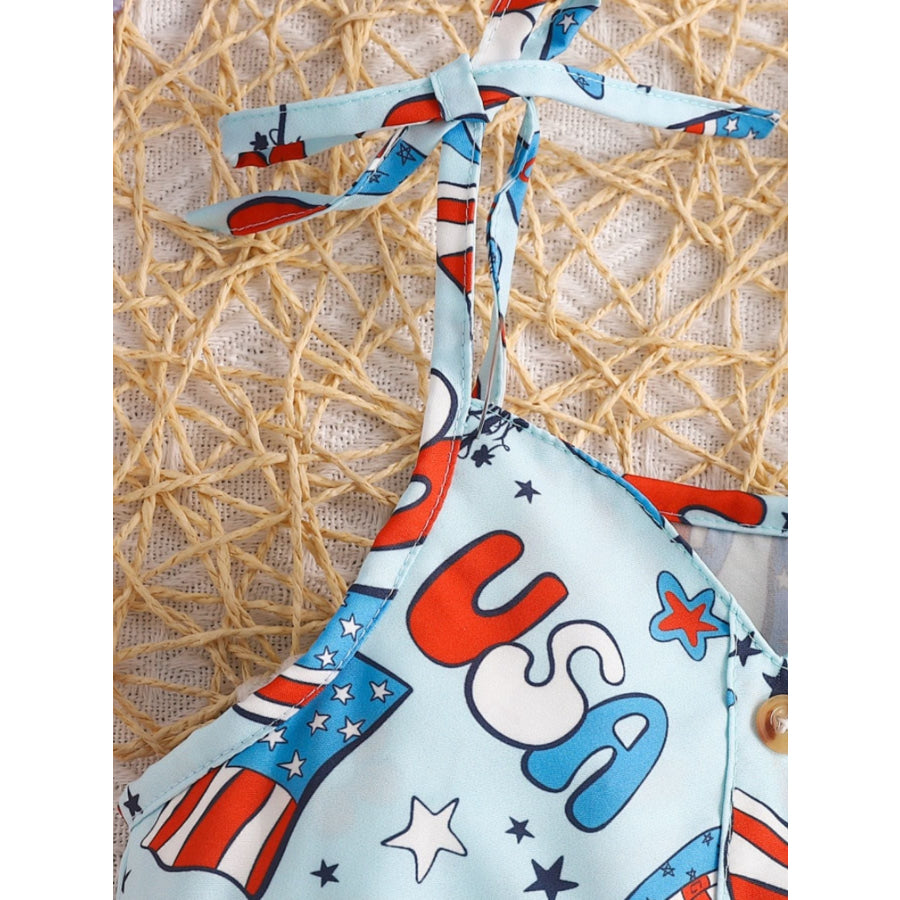 Children’s Patriotic Print Tie Strap Ruffle Hem Jumpsuit Apparel and Accessories