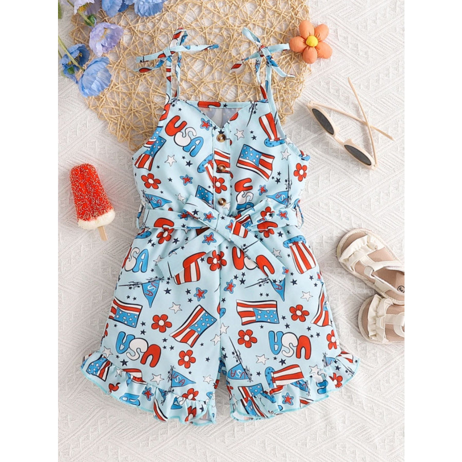 Children’s Patriotic Print Tie Strap Ruffle Hem Jumpsuit Pastel Blue / 12-18M Apparel and Accessories