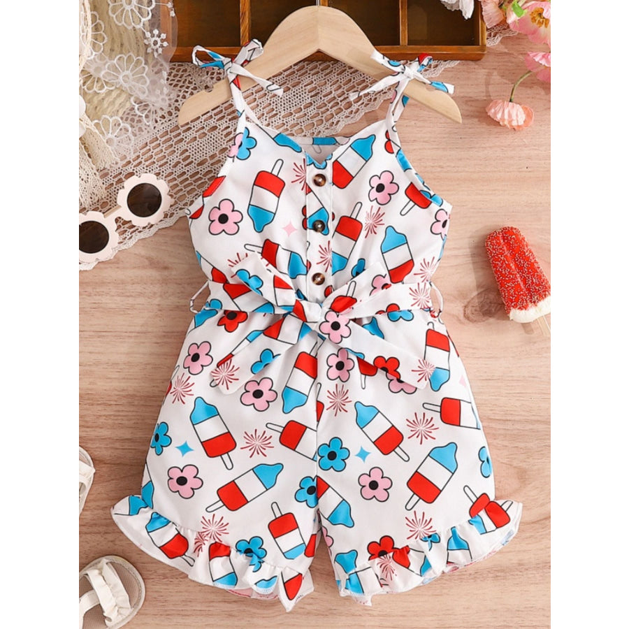 Children’s Patriotic Print Tie Strap Ruffle Hem Jumpsuit White / 12-18M Apparel and Accessories