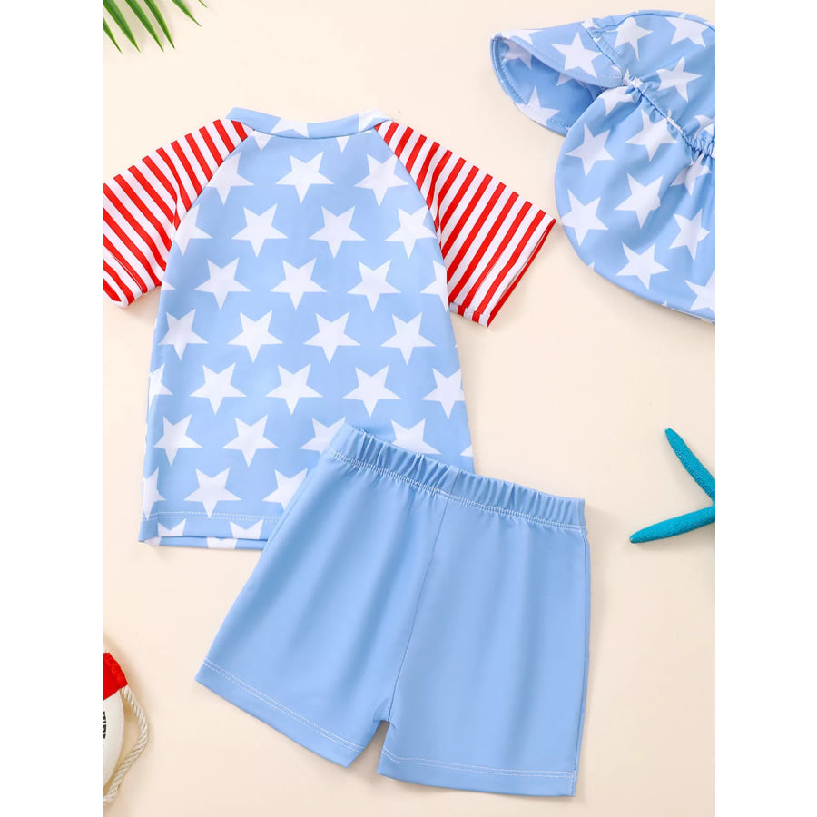 Children’s Patriotic Star Print Top and Shorts Swim Set with Hat Apparel and Accessories