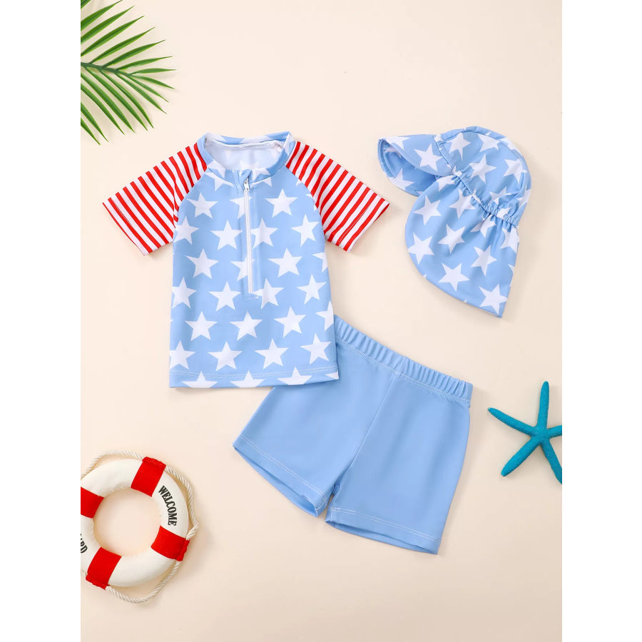 Children’s Patriotic Star Print Top and Shorts Swim Set with Hat Sky Blue / 0-6M Apparel and Accessories