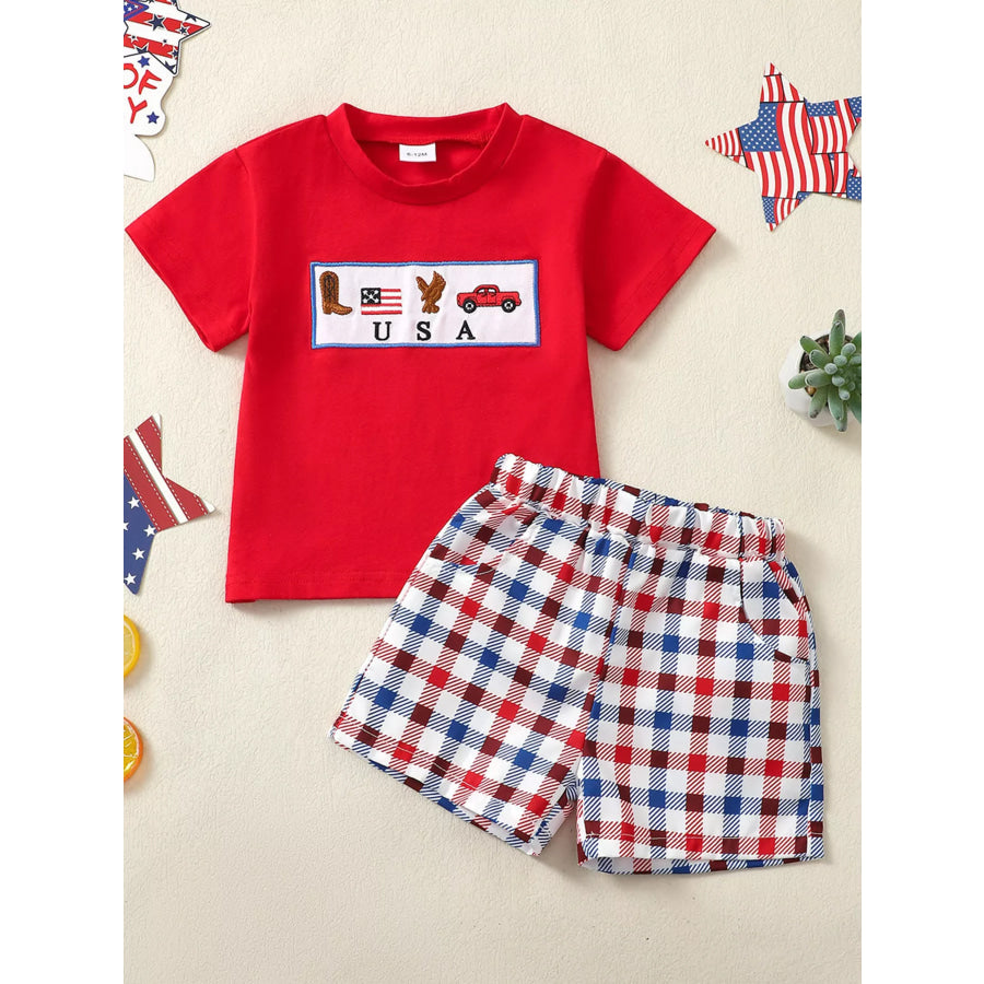 Children’s Patriotic USA Embroidered Short Sleeve T-Shirt & Shorts Set Red / 3-6M Apparel and Accessories