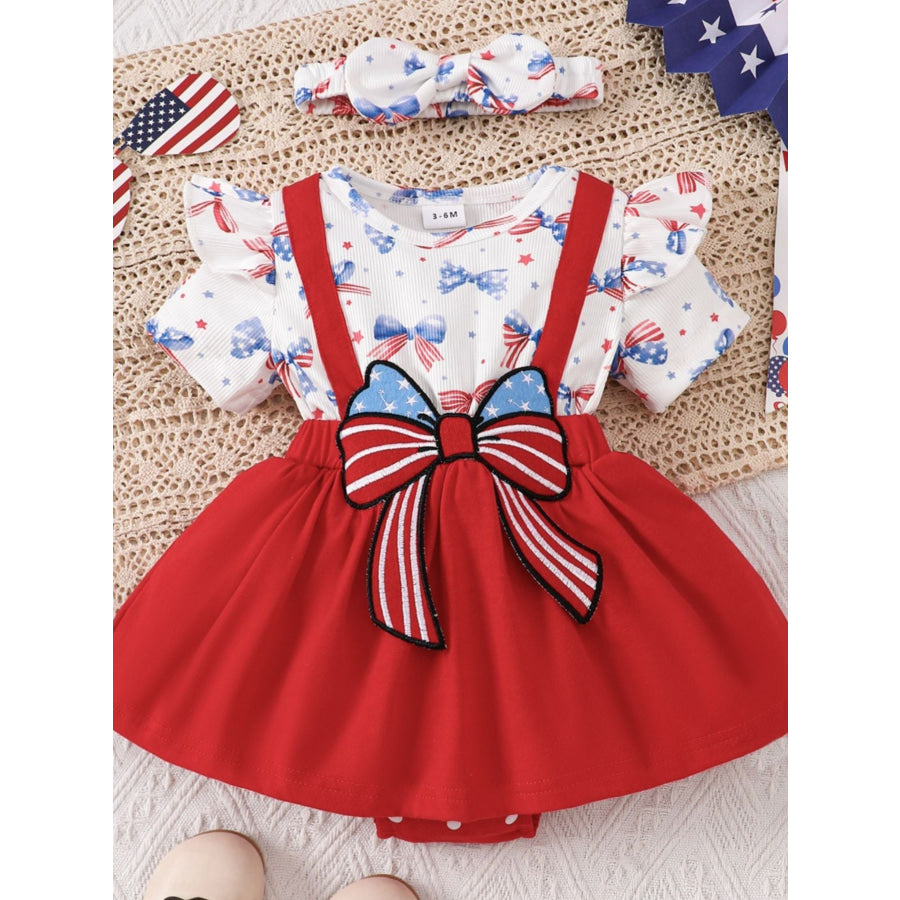 Children’s Patriotic USA Ruffle Sleeve One-Piece with Headband Deep Red / 0-3M Apparel and Accessories