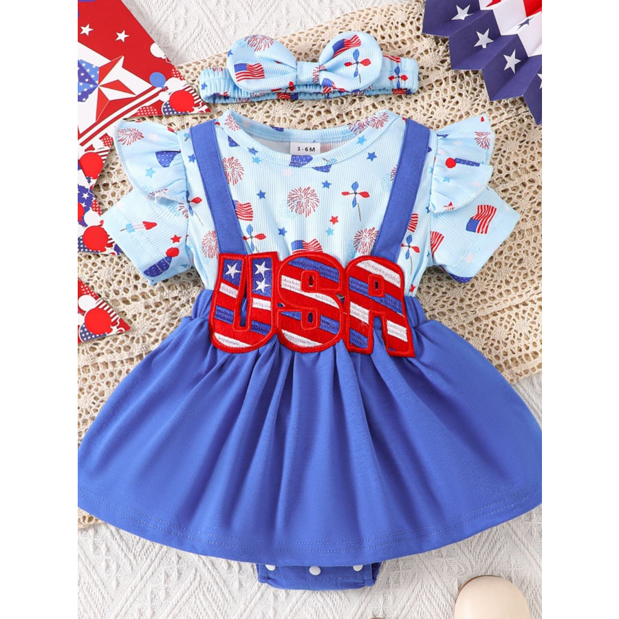 Children’s Patriotic USA Ruffle Sleeve One-Piece with Headband Sky Blue / 0-3M Apparel and Accessories