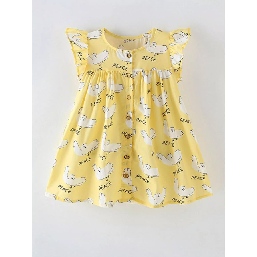 Children’s Peace Dove Print Button-Down Ruffle Sleeve Dress Light Yellow / 3Y Apparel and Accessories