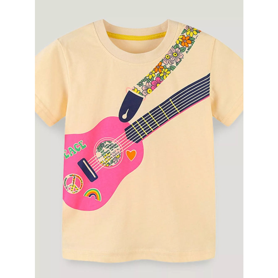 Children’s Peace Guitar Print T-Shirt Cream / 2Y Apparel and Accessories