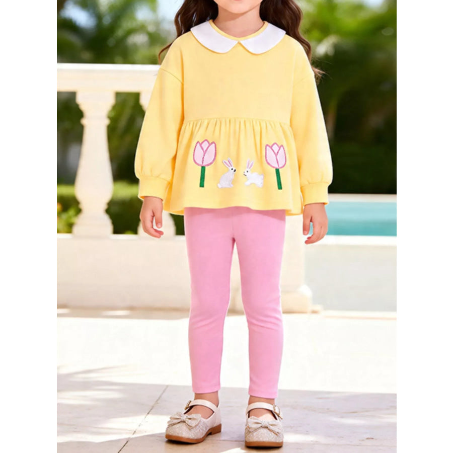 Children’s Peter Pan Collar Bunny Peplum Sweatshirt and Leggings Set Light Yellow / 2Y Apparel and Accessories