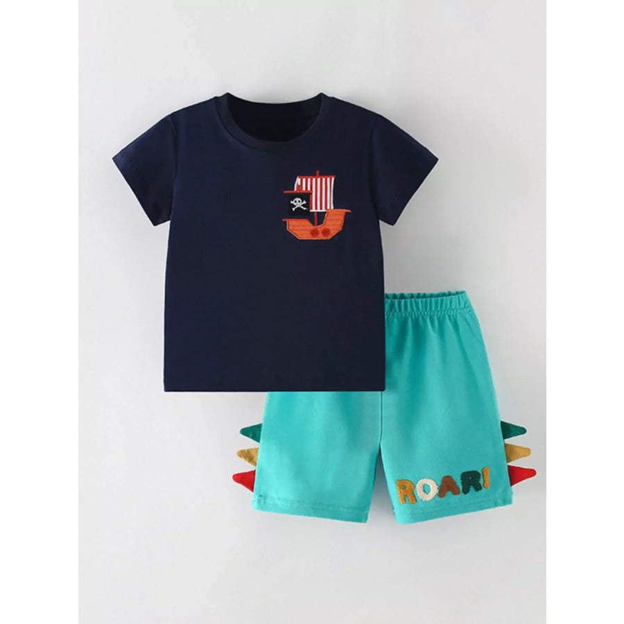 Children’s Pirate Ship Applique Tee and Dinosaur Shorts Set Dark Navy / 3Y Apparel and Accessories