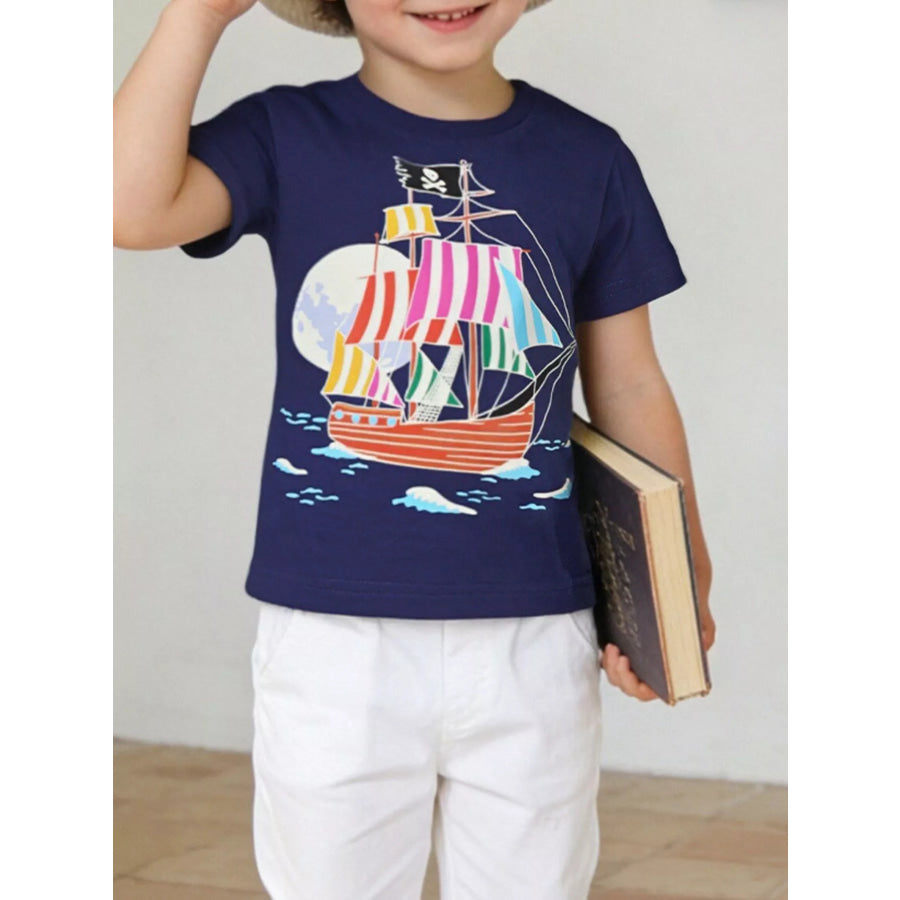Children’s Pirate Ship Graphic Short Sleeve T-Shirt Dark Navy / 2Y Apparel and Accessories