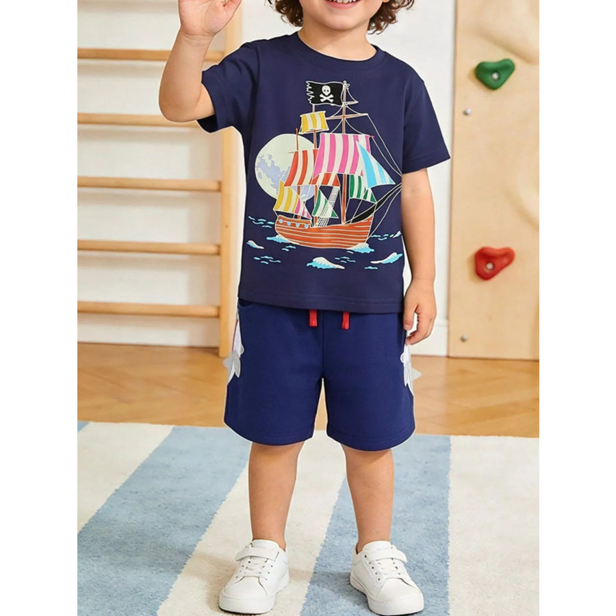 Children’s Pirate Ship Graphic Tee & Shorts Set Dark Navy / 2Y Apparel and Accessories