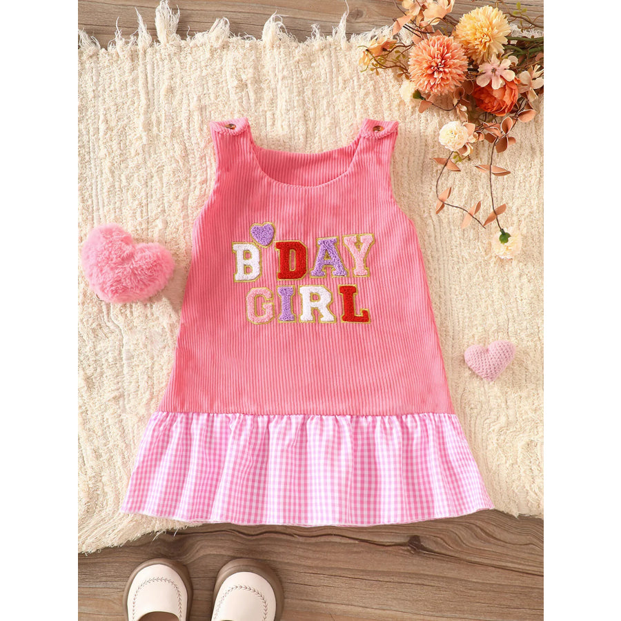 Children’s Plaid Hem Corduroy Sleeveless Dress Pink Letters / 0-3M Apparel and Accessories