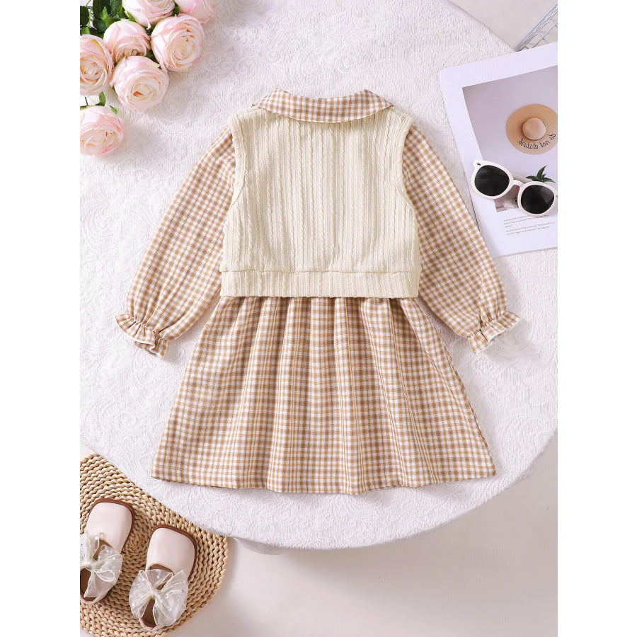 Children’s Plaid Peter Pan Collar Dress and Knitted Vest Set Apparel Accessories