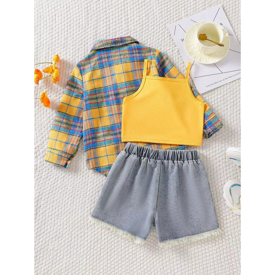 Children’s Plaid Shirt & Tank Top & Denim Shorts Set Apparel and Accessories