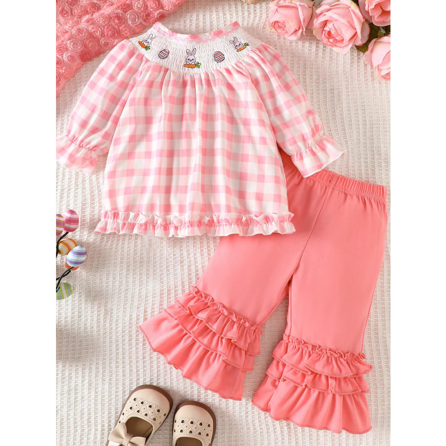 Children’s Plaid Smocked Long Sleeve Top and Pants Set Pink / 0-6M Apparel and Accessories