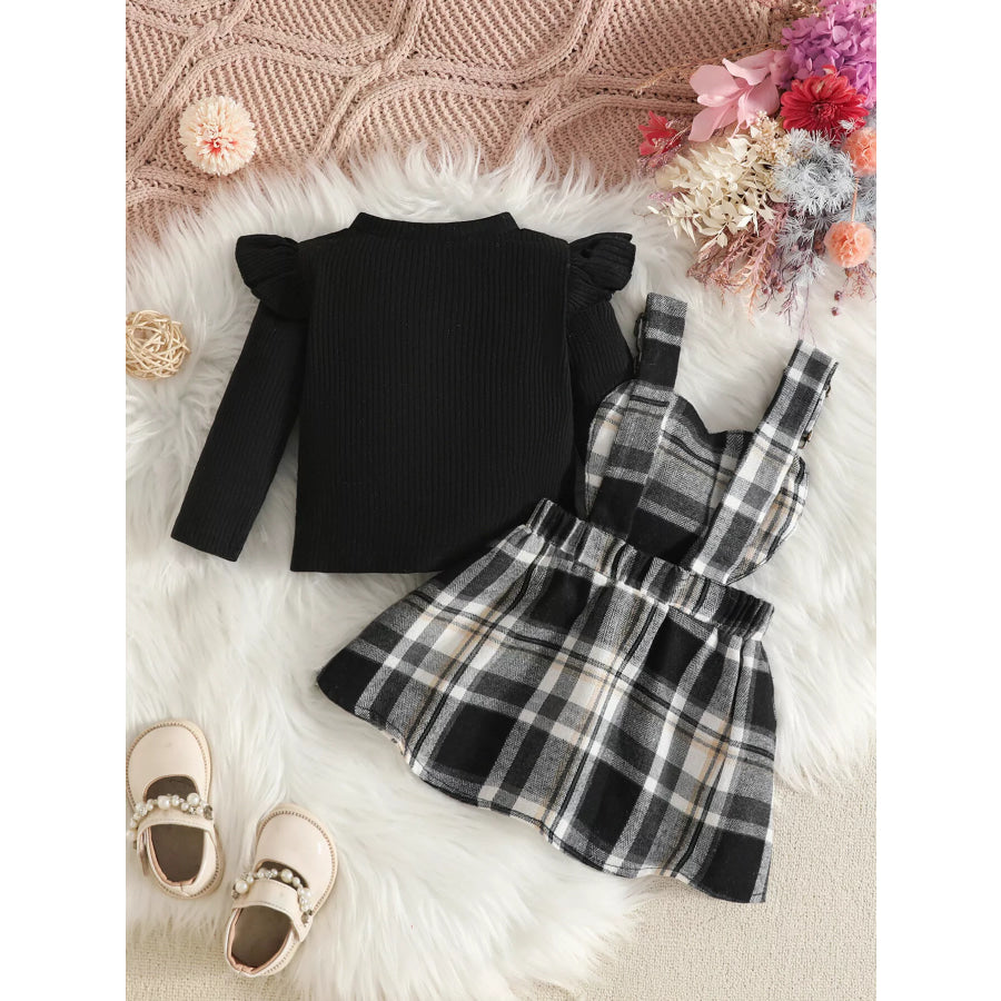 Children’s Plaid Suspender Skirt Set with Ribbed Long Sleeve Top Apparel and Accessories