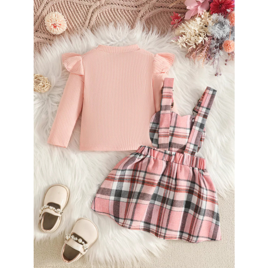 Children’s Plaid Suspender Skirt Set with Ribbed Long Sleeve Top Apparel and Accessories
