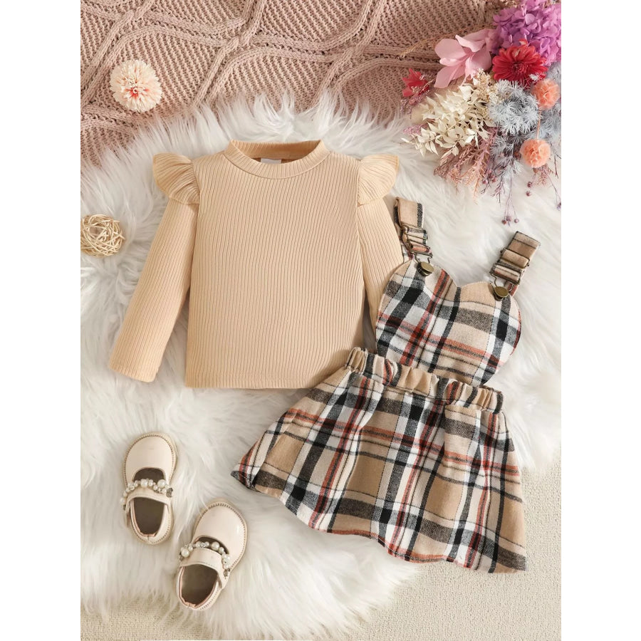 Children’s Plaid Suspender Skirt Set with Ribbed Long Sleeve Top Apparel and Accessories