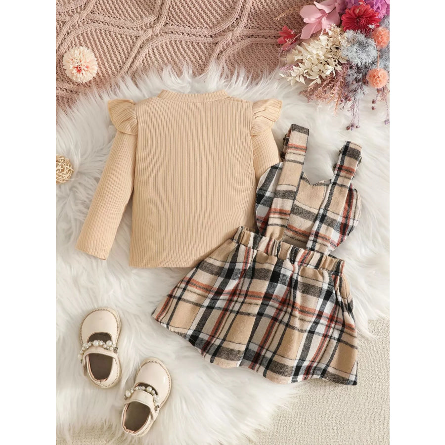 Children’s Plaid Suspender Skirt Set with Ribbed Long Sleeve Top Apparel and Accessories