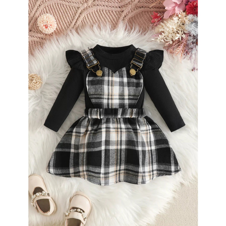 Children’s Plaid Suspender Skirt Set with Ribbed Long Sleeve Top Black / 6-9M Apparel and Accessories