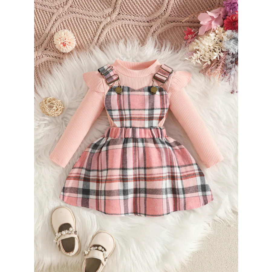 Children’s Plaid Suspender Skirt Set with Ribbed Long Sleeve Top Pink / 6-9M Apparel and Accessories