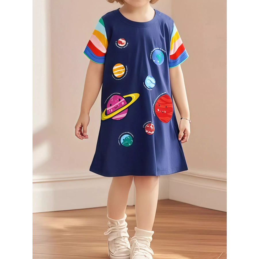 Children’s Planets Print Casual Dress Navy / 2Y Apparel and Accessories