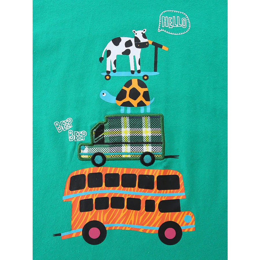 Children’s Playful Vehicle Print T-shirt and Plaid Shorts Set Apparel and Accessories