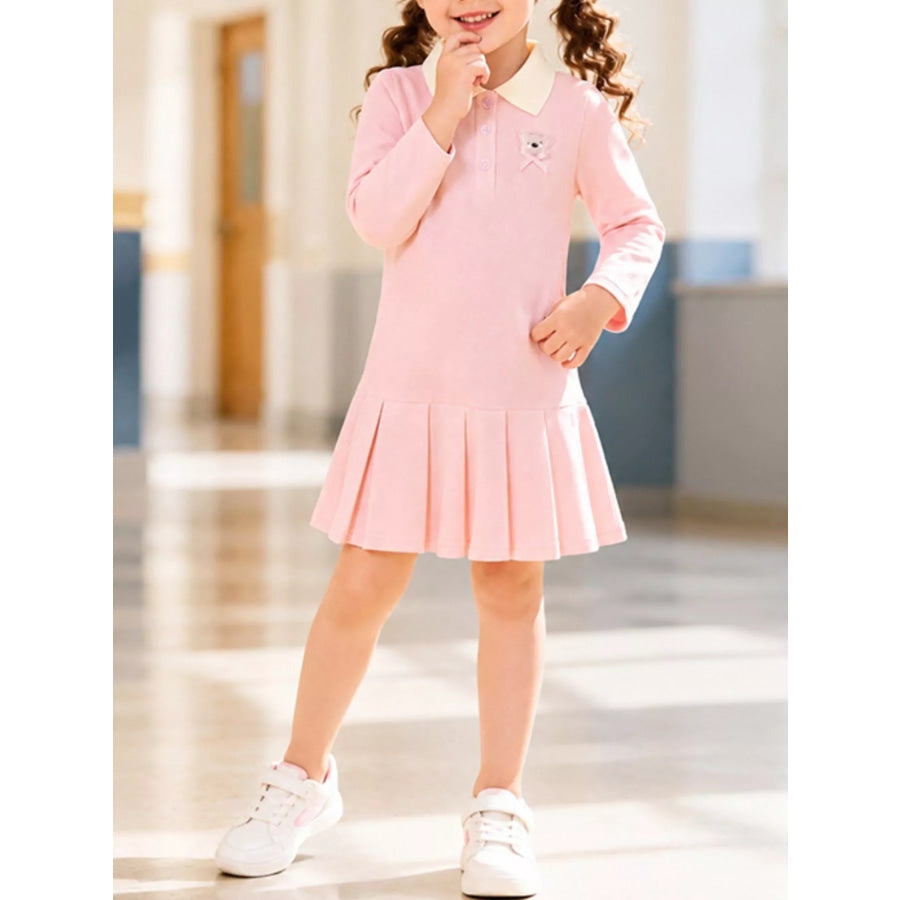 Children’s Pleated Polo Collar Long Sleeve Dress Blush Pink / 2Y Apparel and Accessories