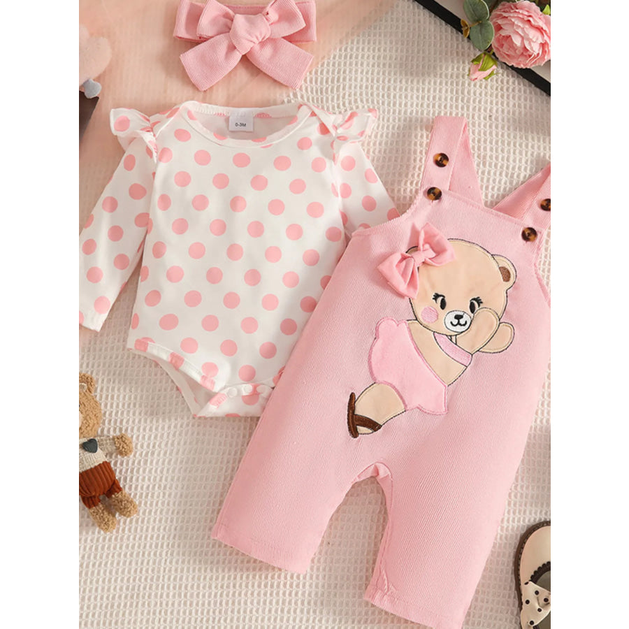 Children’s Polka Dot Bodysuit and Overalls Set with Headband Pink / 0-3M Apparel and Accessories