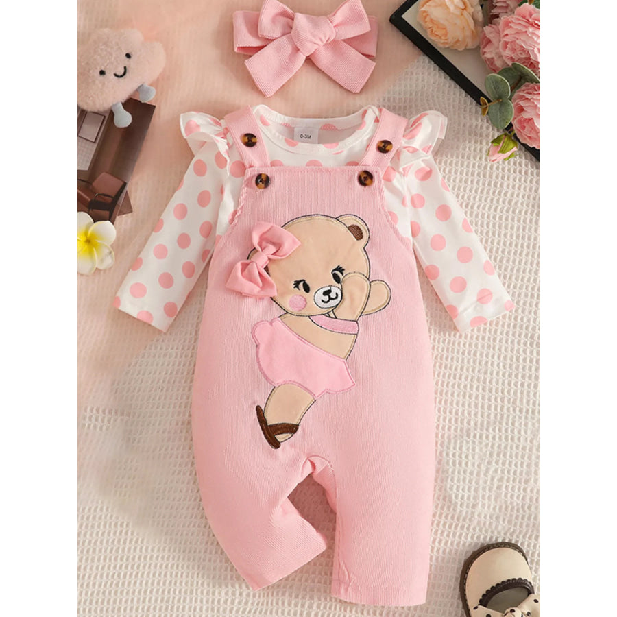 Children’s Polka Dot Bodysuit and Overalls Set with Headband Pink / 0-3M Apparel and Accessories