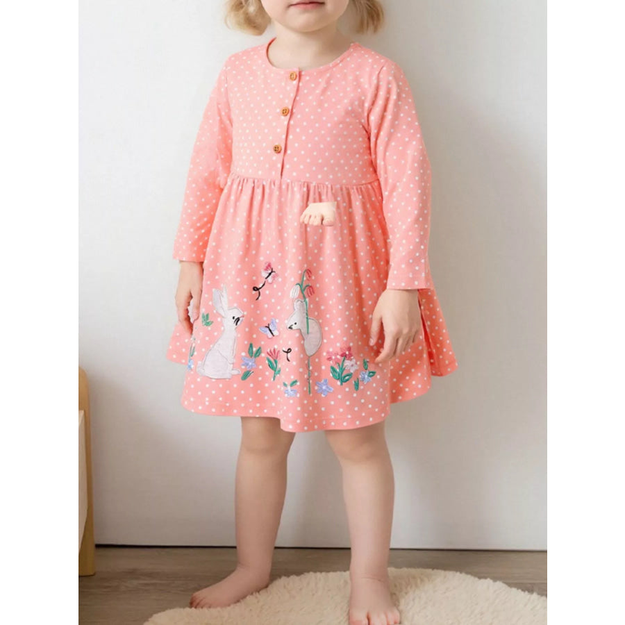 Children’s Polka Dot Bunny Long Sleeve Dress Pale Blush / 5Y Apparel and Accessories