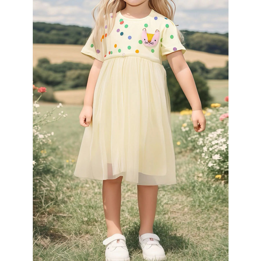 Children’s Polka Dot Short Sleeve Tulle Dress Pastel Yellow / 2Y Apparel and Accessories