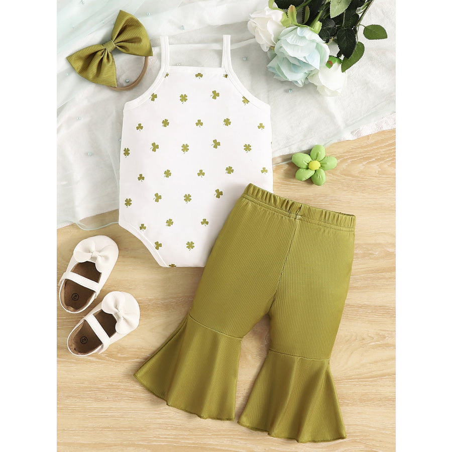 Children’s Printed Bodysuit & Flare Leg Pants & Headband 3-Piece Set Apparel and Accessories