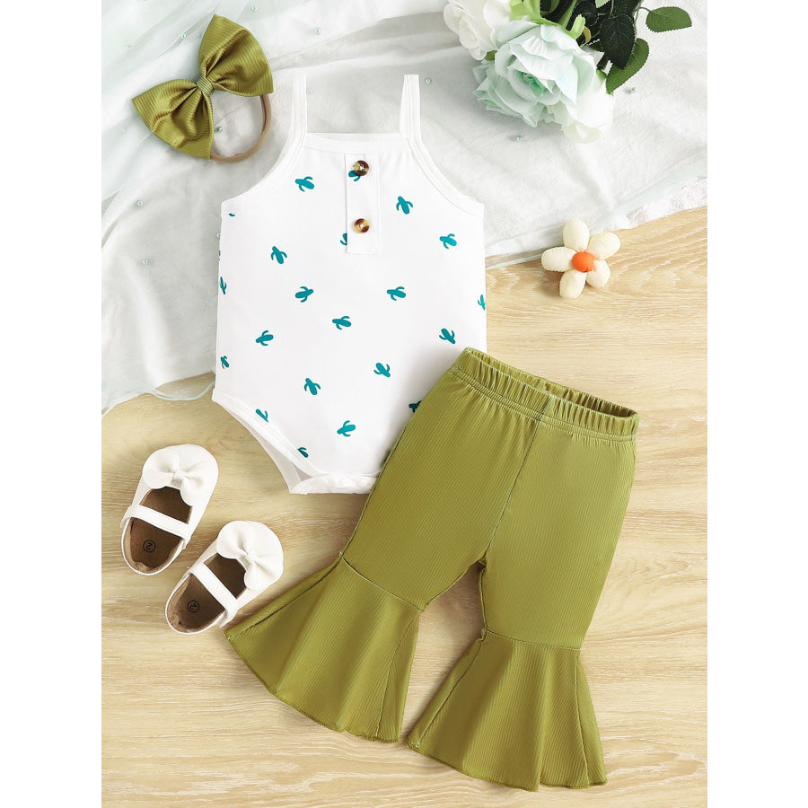 Children’s Printed Bodysuit & Flare Leg Pants & Headband 3-Piece Set Cactus / 0-3M Apparel and Accessories