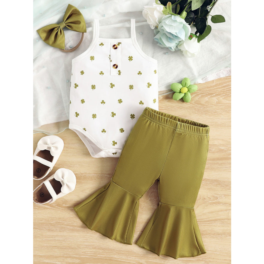 Children’s Printed Bodysuit & Flare Leg Pants & Headband 3-Piece Set Clover / 0-3M Apparel and Accessories