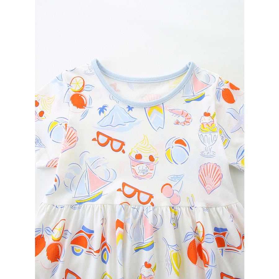 Children’s Printed Round Neck Short Sleeve Dress Apparel and Accessories