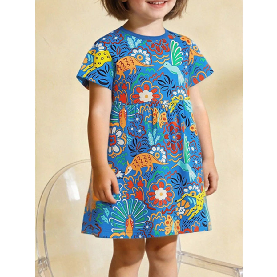 Children’s Printed Round Neck Short Sleeve Dress Sky Blue / 2Y Apparel and Accessories