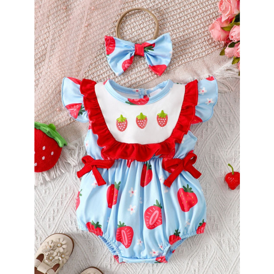 Children’s Printed Ruffle Trim One-Piece with Headband Pastel Blue / 0-3M Apparel and Accessories