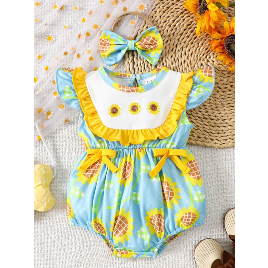 Children’s Printed Ruffle Trim One-Piece with Headband Yellow / 0-3M Apparel and Accessories