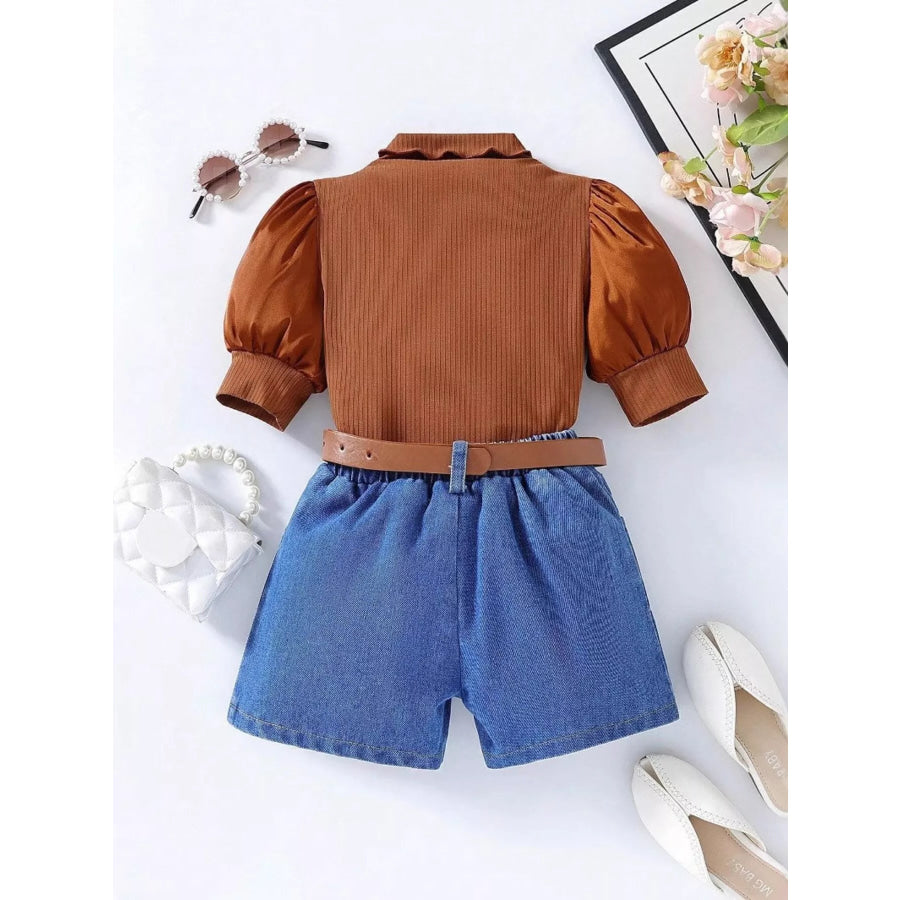 Children’s Puff Sleeve Top and Denim Shorts Set Light Brown / 2/3Y Apparel and Accessories