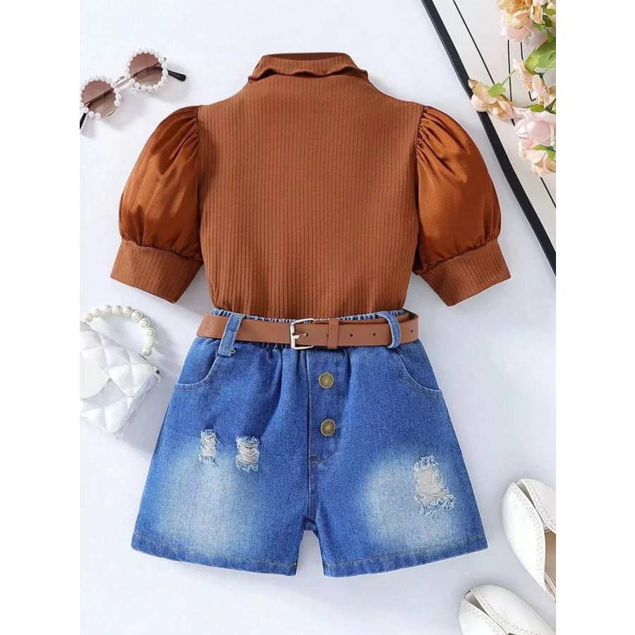 Children’s Puff Sleeve Top and Denim Shorts Set Light Brown / 2/3Y Apparel and Accessories