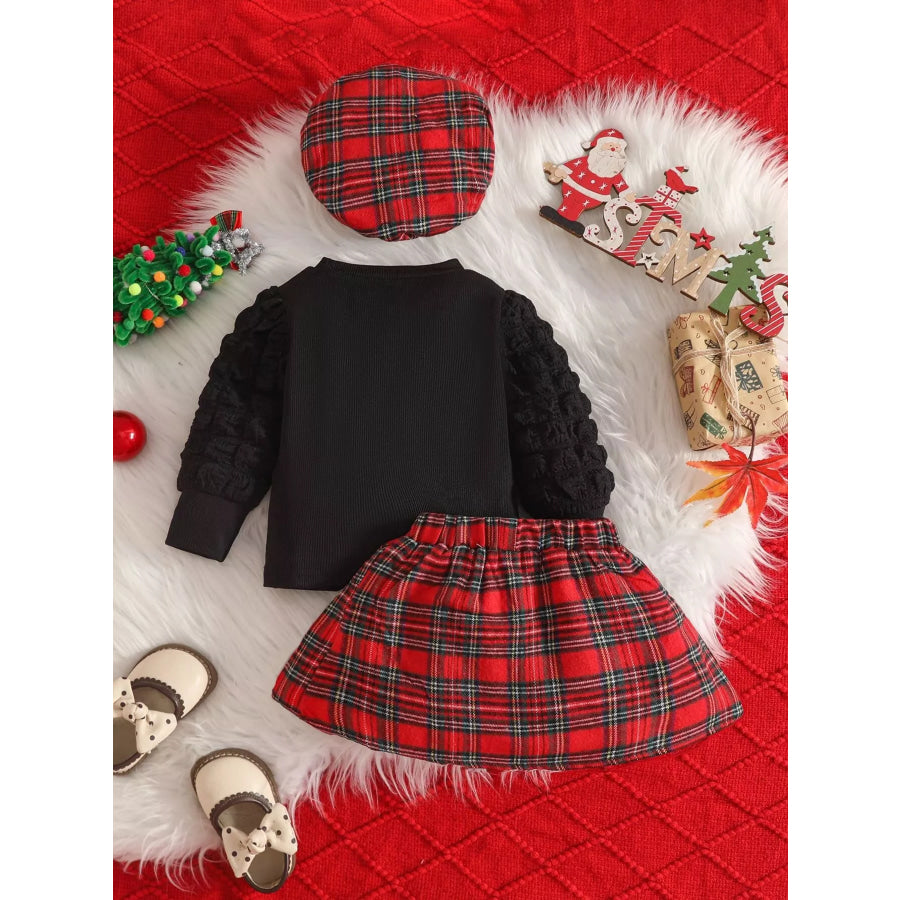 Children’s Puff Sleeve Top and Plaid Skirt Set with Hat Red / 6-9M Apparel and Accessories
