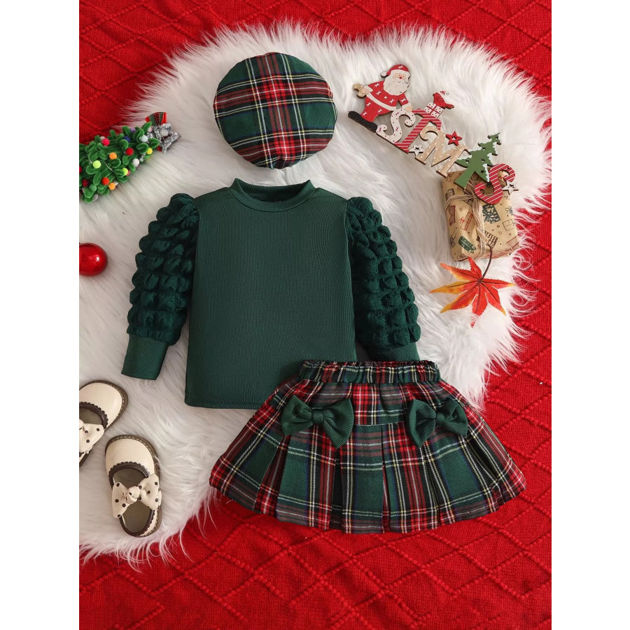 Children’s Puff Sleeve Top and Plaid Skirt Set with Hat Green / 6-9M Apparel and Accessories