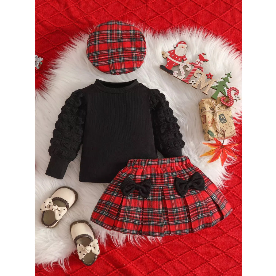 Children’s Puff Sleeve Top and Plaid Skirt Set with Hat Red / 6-9M Apparel and Accessories