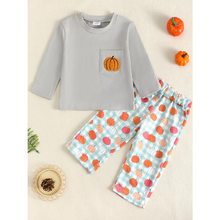 Children’s Pumpkin Patch Long Sleeve Top and Pants Set Light Gray / 3-6M Apparel and Accessories